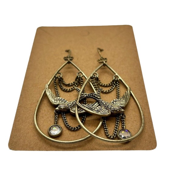 Mockingjay Brass Dangle Earrings Brass Glass Drop Hunger Games Pendant - Picture 3 of 4